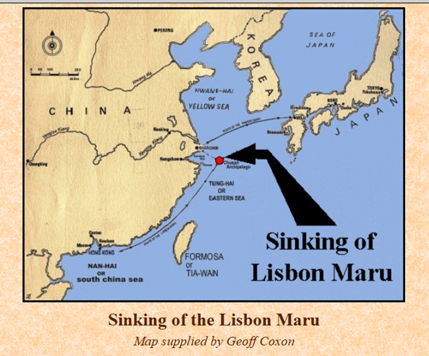 Reference map showing the sinking of the Lisbon Maru